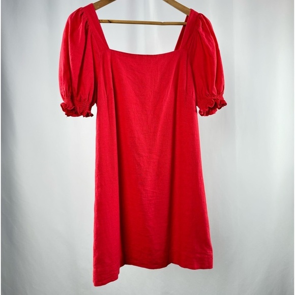 Draper James RSVP Squareneck Puff Sleeve Linen Blend Dress in Red Size Small‎ - Picture 2 of 6